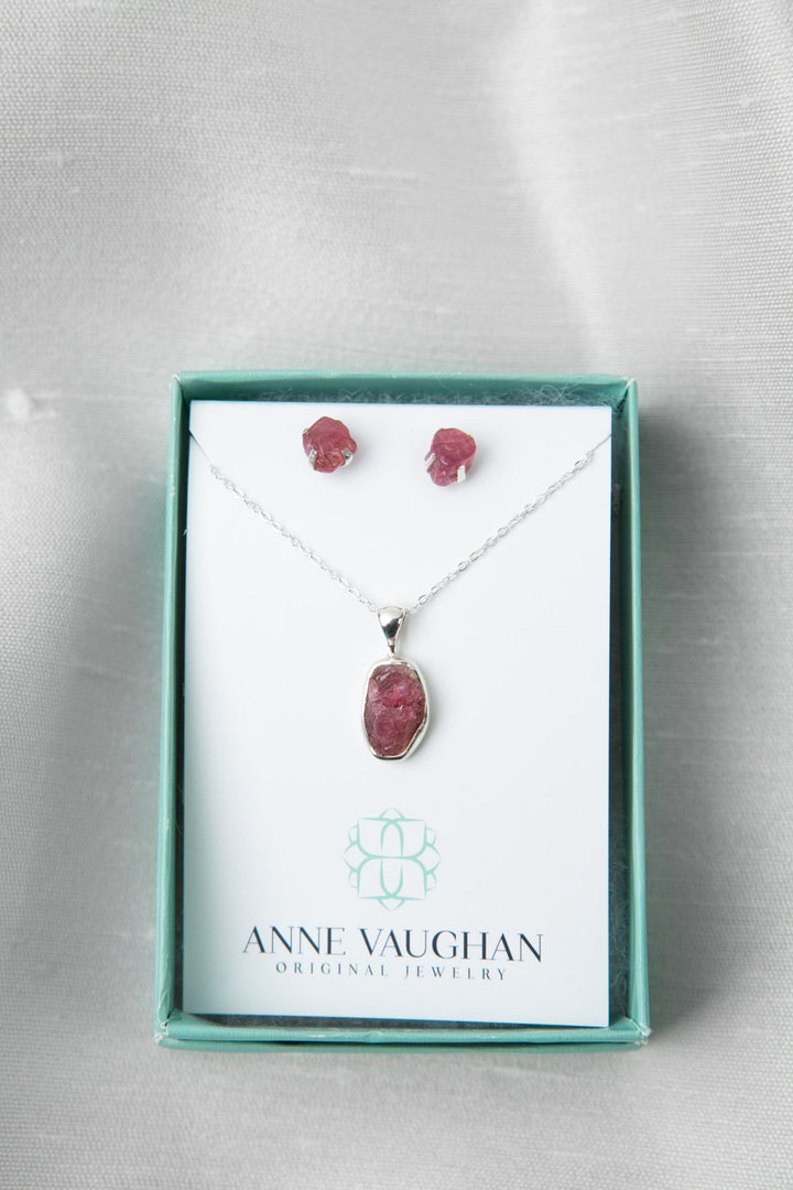 Birthstone 16-20.5" October Natural Pink Tourmaline Pendant Necklace And Earrings Set