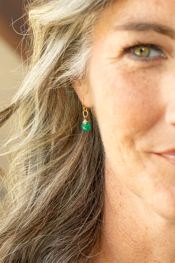 Birthstone May Gold Green Onyx Simple Earrings