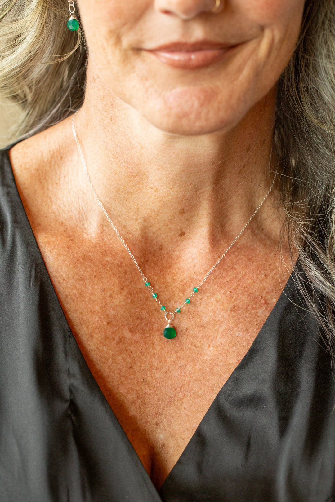 Birthstone 16-18" May Silver Green Onyx Simple Necklace