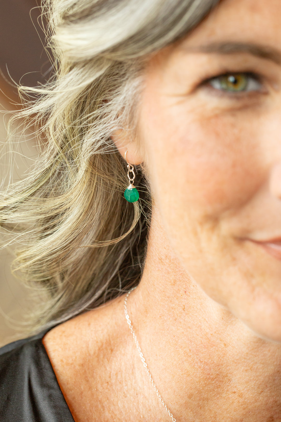 Birthstone May Silver Green Onyx Simple Earrings