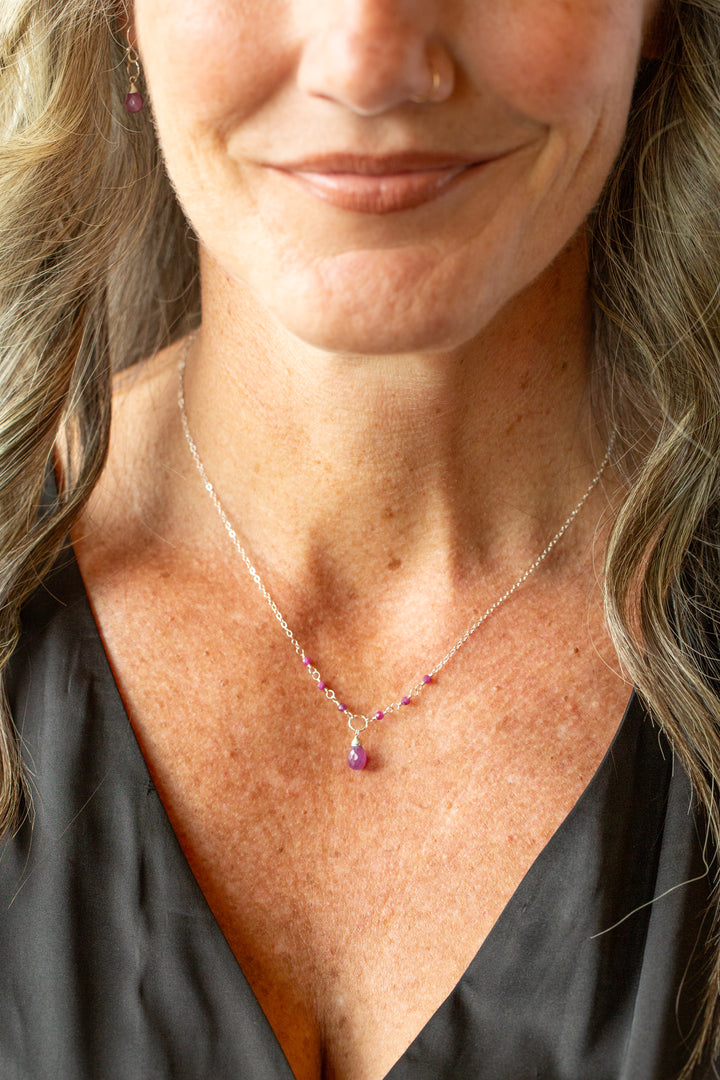 Birthstone 16-18" July Silver Ruby Simple Necklace