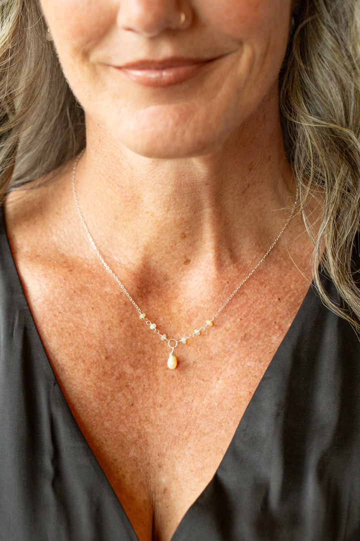 Birthstone 16-18" October Silver Honey Opal Simple Necklace