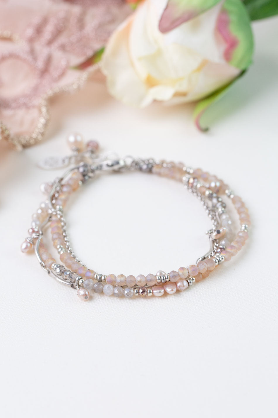 Blush 7.5-8.5" Crystal, Freshwater Pearl, Moonstone Multistrand Bracelets