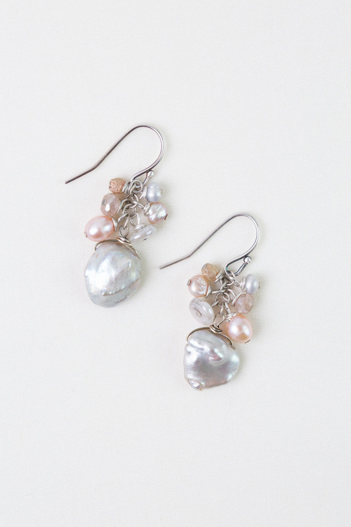 Blush Moonstone, Freshwater Pearl Cluster Earrings