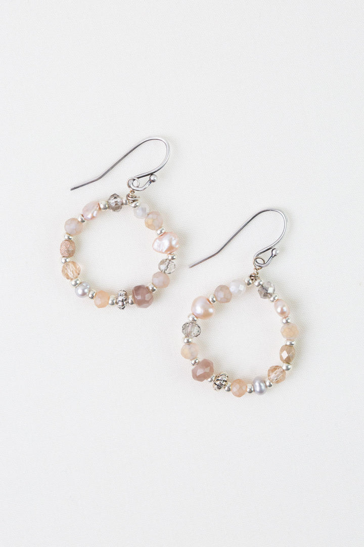 Blush Crystal, Freshwater Pearl, Moonstone Hoop Earrings