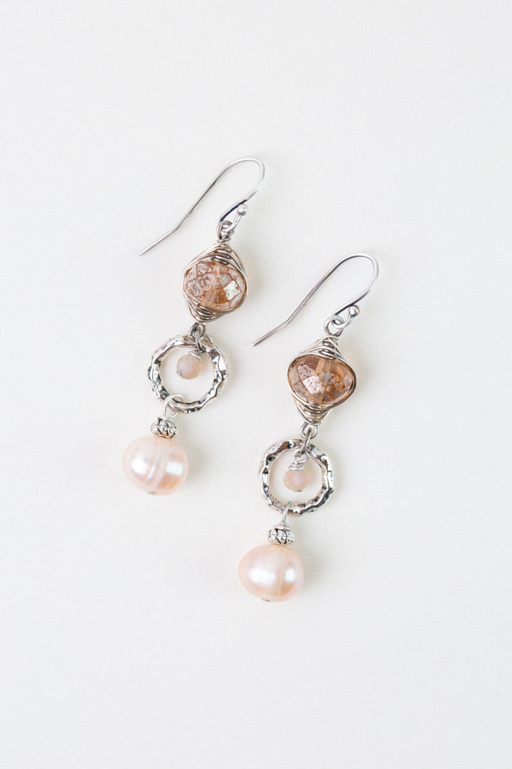 Blush Freshwater Pearl, Czech Glass, Crystal Herringbone Earrings