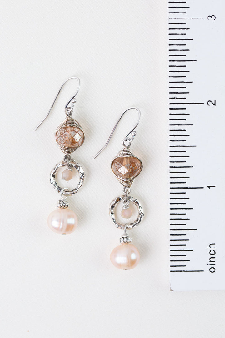 Blush Freshwater Pearl, Czech Glass, Crystal Herringbone Earrings