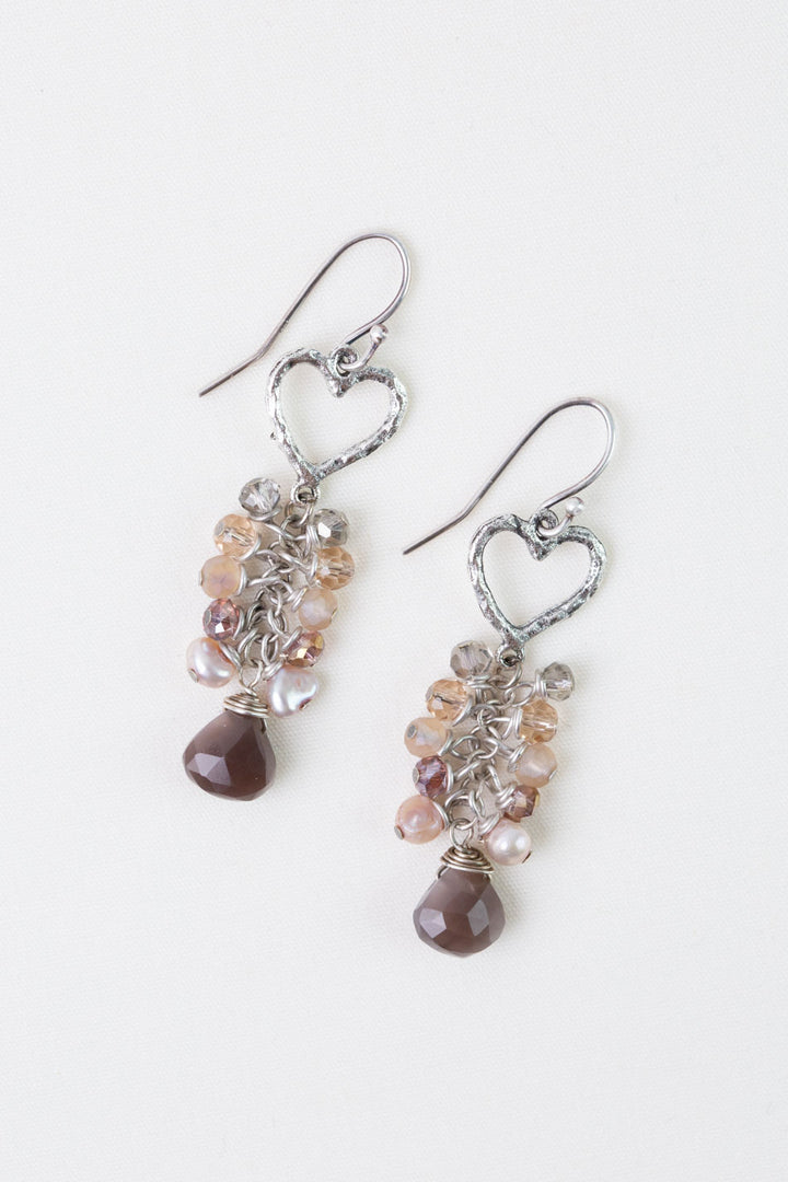 Blush Moonstone, Hammered Antique Silver Heart, Crystal Cluster Earrings