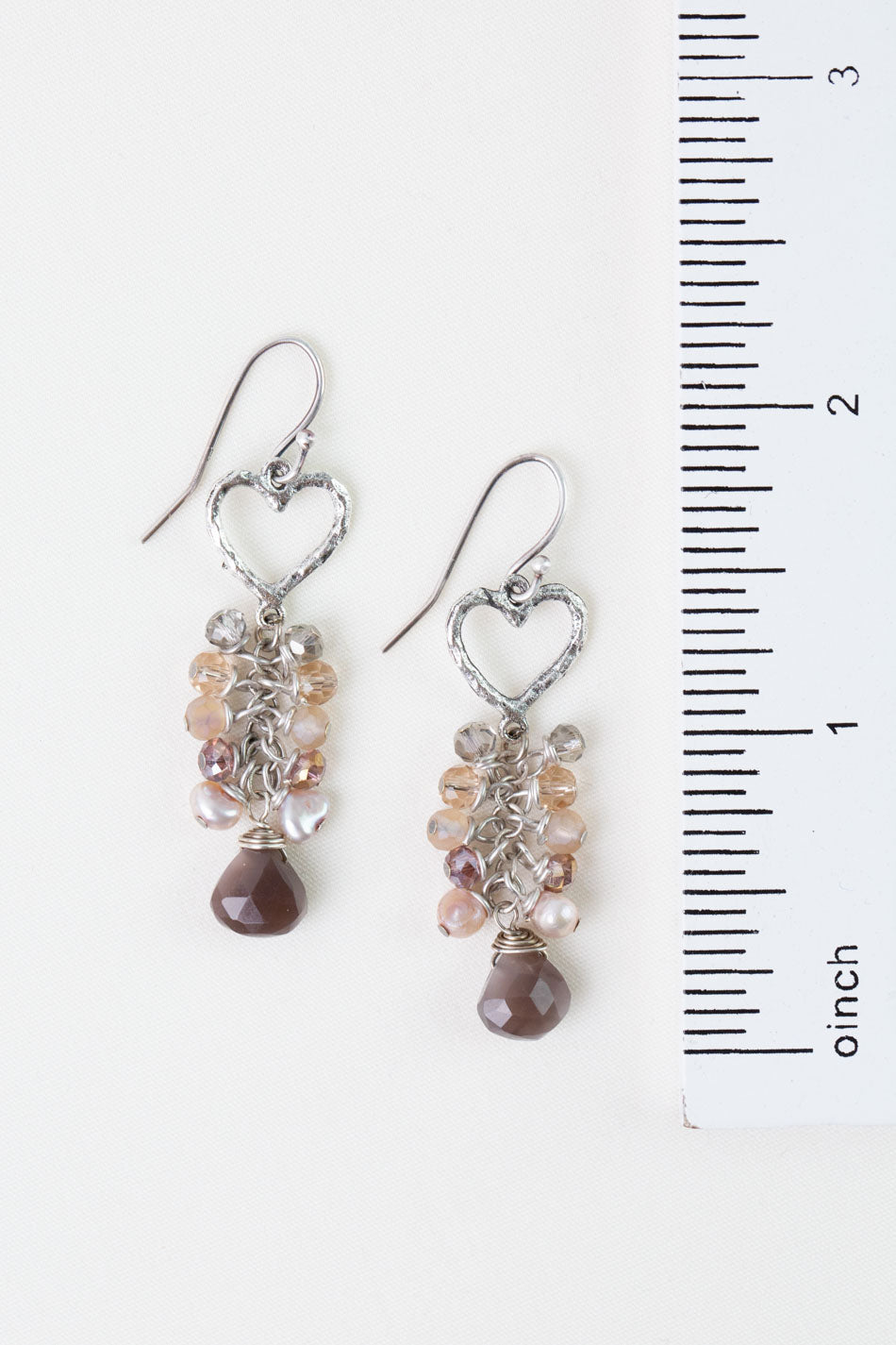 Blush Moonstone, Hammered Antique Silver Heart, Crystal Cluster Earrings