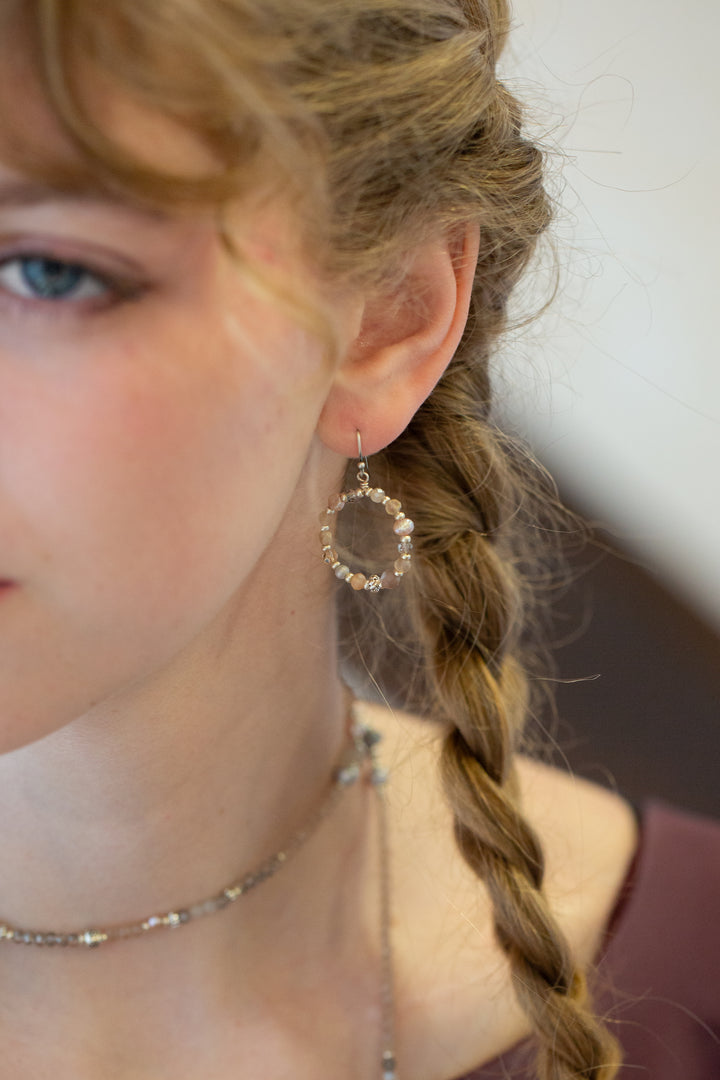 Blush Crystal, Freshwater Pearl, Moonstone Hoop Earrings