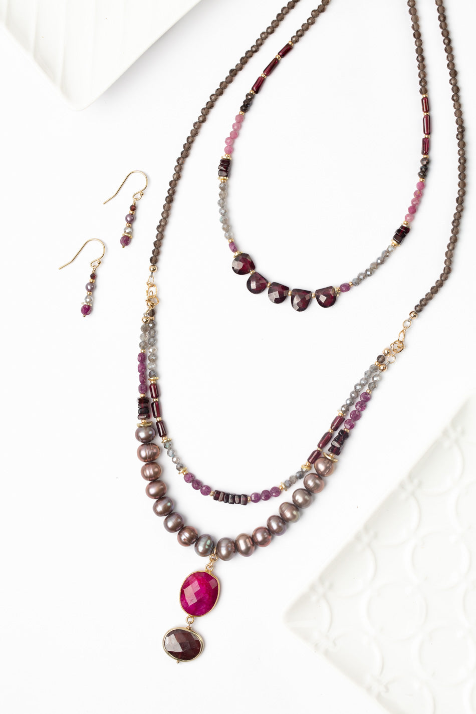 Decadence Labradorite, Ruby, Garnet Necklaces And Earrings Set