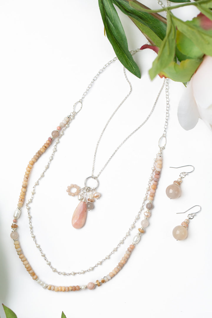 Embrace Peach Moonstone, Cherry Blossom Agate Necklaces And Earrings Set