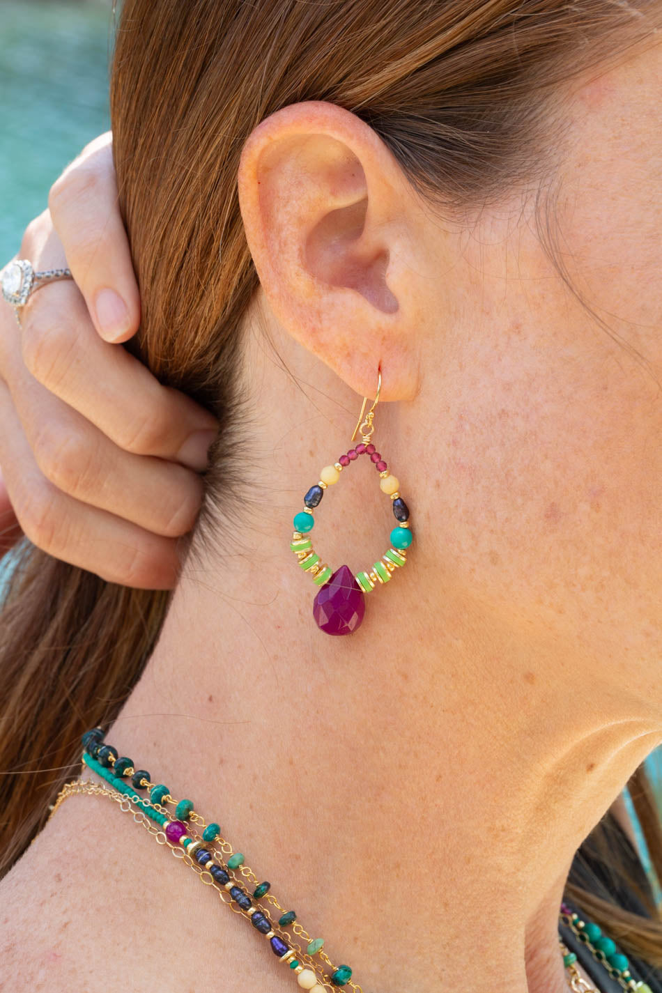Cabo Pearl, Chalk Turquoise, Ruby Jade Hoop Earrings