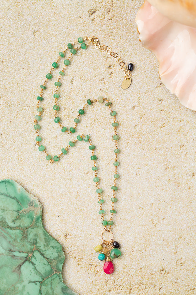Caribbean 18.75-20.75" Chrysoprase, Turquoise, Freshwater Pearl With Jade Cluster Necklace
