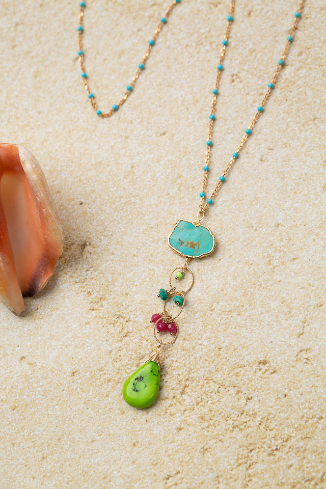 Caribbean 28" Ruby Jade With Turquoise Tassel Necklace