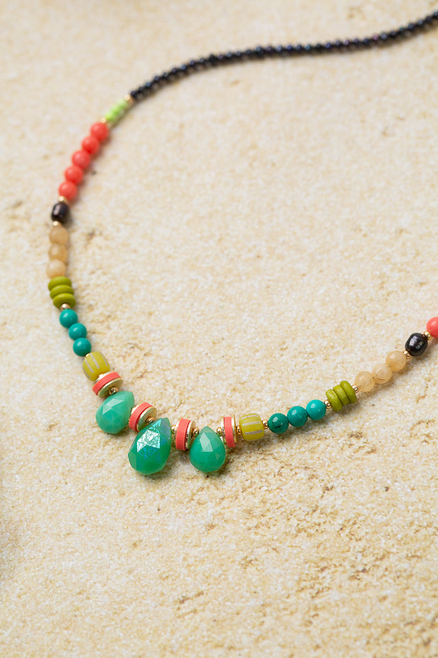 Caribbean 19.25-21.25" Freshwater Pearl, Jade, Turquoise With Chrysoprase Simple Necklace