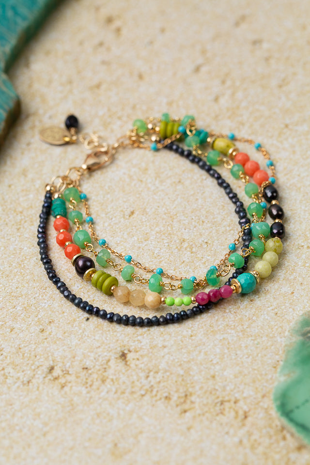 Caribbean 7.5-8.5" Freshwater Pearl, Turquoise, Chrysoprase Multistrand Bracelet