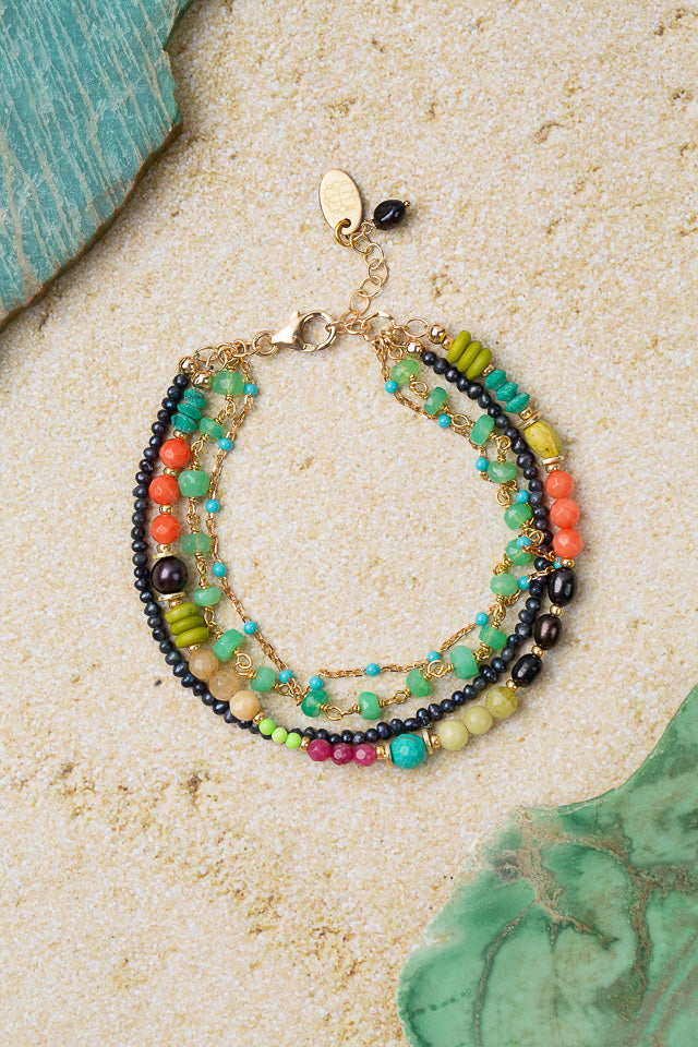 Caribbean 7.5-8.5" Freshwater Pearl, Turquoise, Chrysoprase Multistrand Bracelet