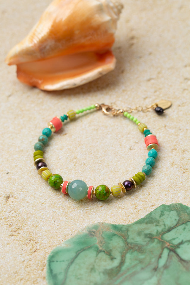 Caribbean 7.5-8.5" Freshwater Pearl, Turquoise, Chrysoprase Simple Bracelet