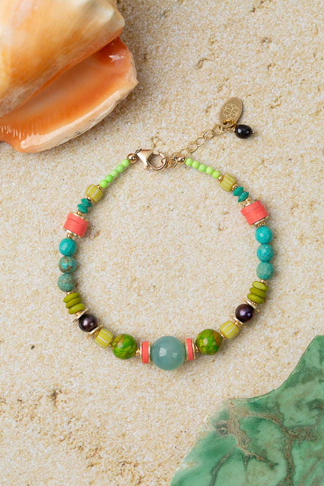 Caribbean 7.5-8.5" Freshwater Pearl, Turquoise, Chrysoprase Simple Bracelet