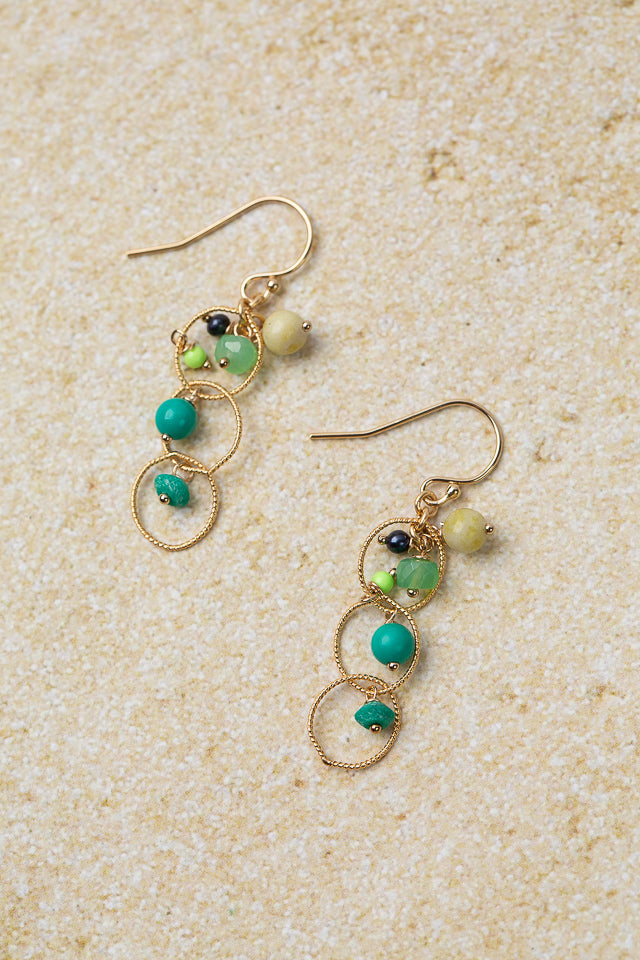 Caribbean Freshwater Pearl, Turquoise, Chrysoprase Dangle Earrings