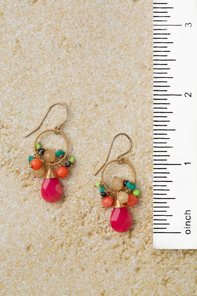 Caribbean Freshwater Pearl, Jasper With Ruby Jade Cluster Earrings