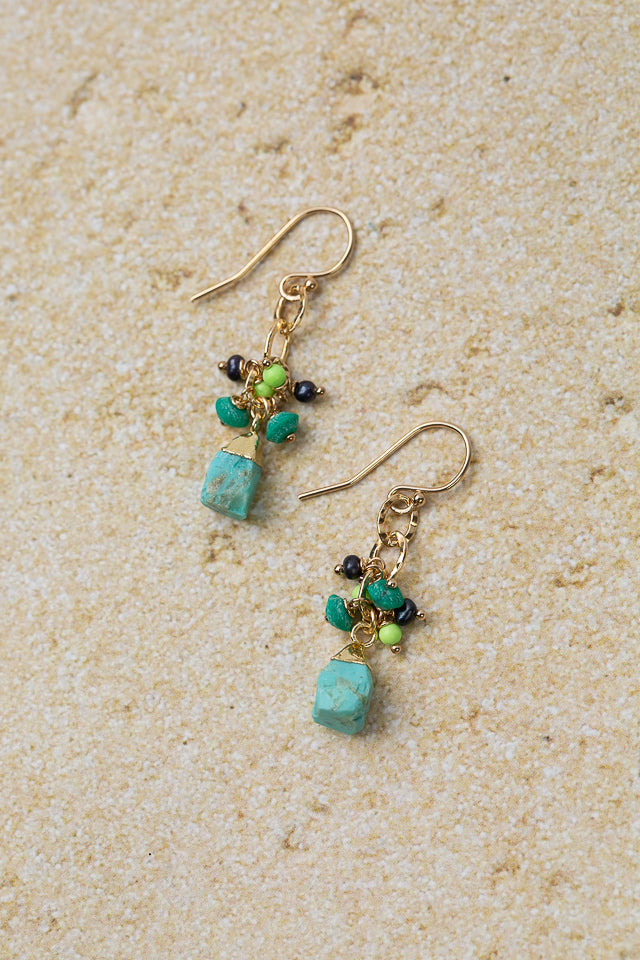 Caribbean Freshwater Pearl, Jade With Turquoise Cluster Earrings