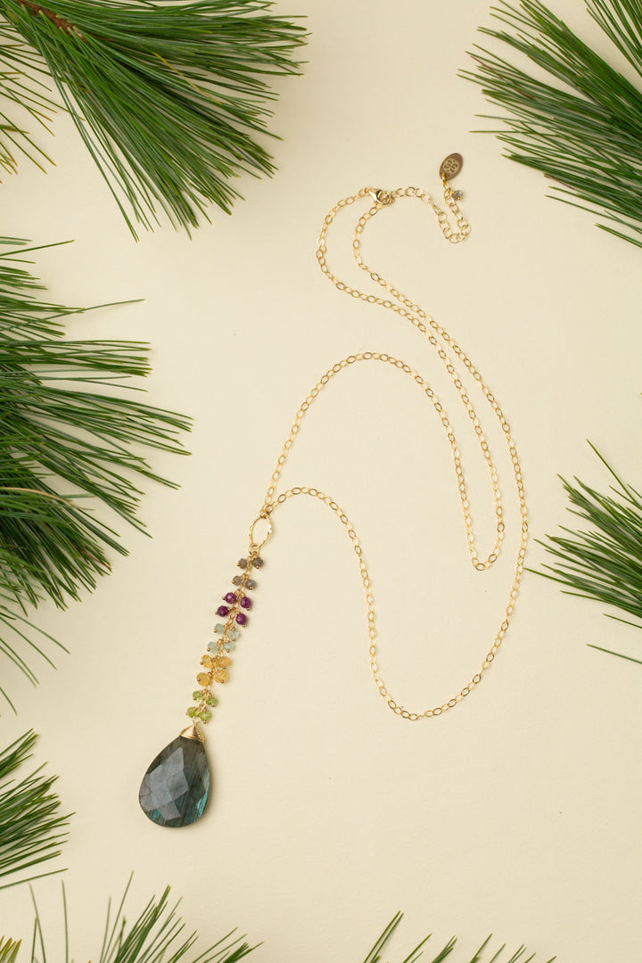 Celebrate 25.5-27.5" Peridot, Aquamarine, Citrine, Ruby With Large Labradorite Teardrop Statement Necklace