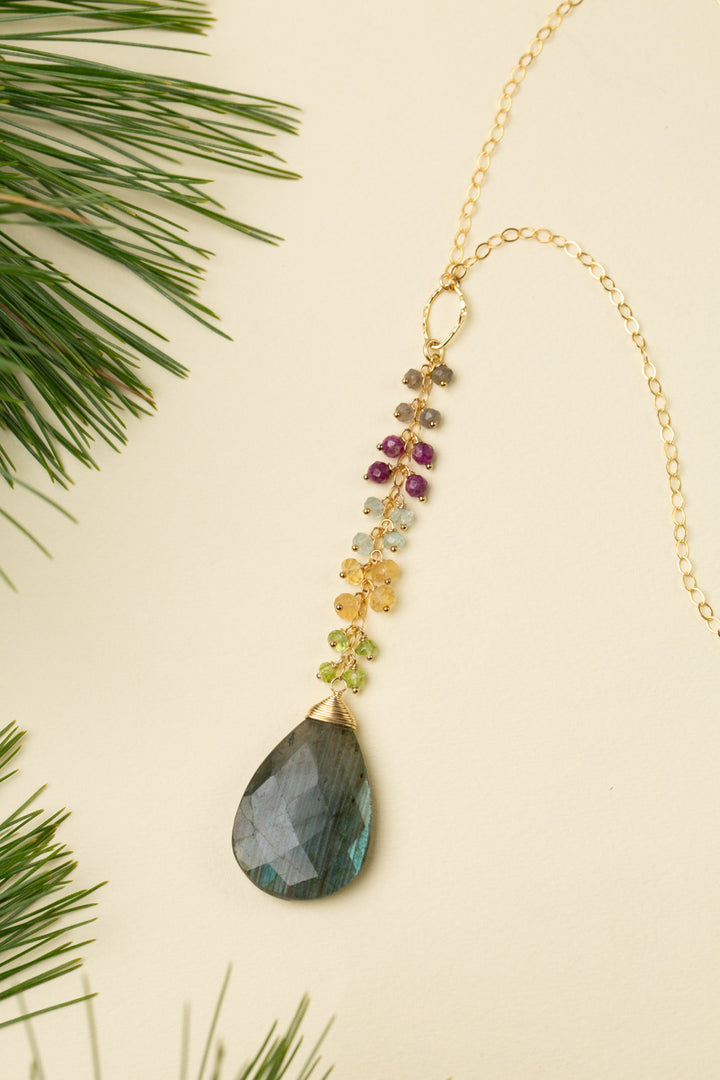 Celebrate 25.5-27.5" Peridot, Aquamarine, Citrine, Ruby With Large Labradorite Teardrop Statement Necklace