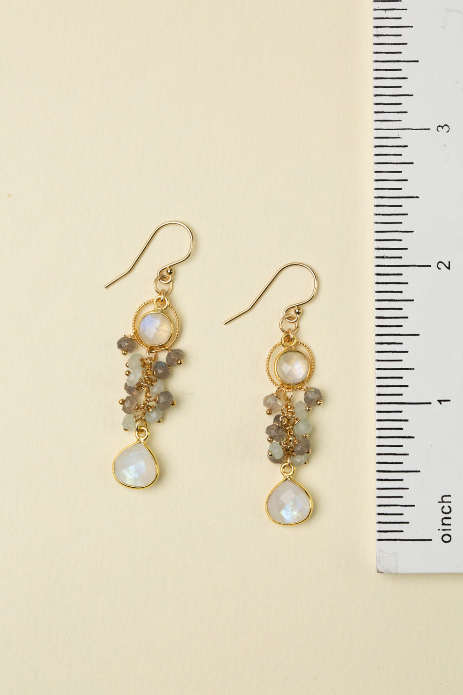 Celebrate Aquamarine And Labradorite With Rainbow Moonstone Gold Plated Bezel Cluster Earrings