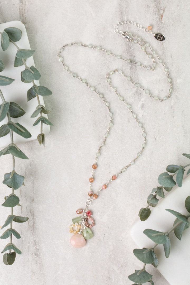 Calming Fleurs 17.5-19.5" Rhodochrosite, Pink Opal, Prehnite Cluster Necklace
