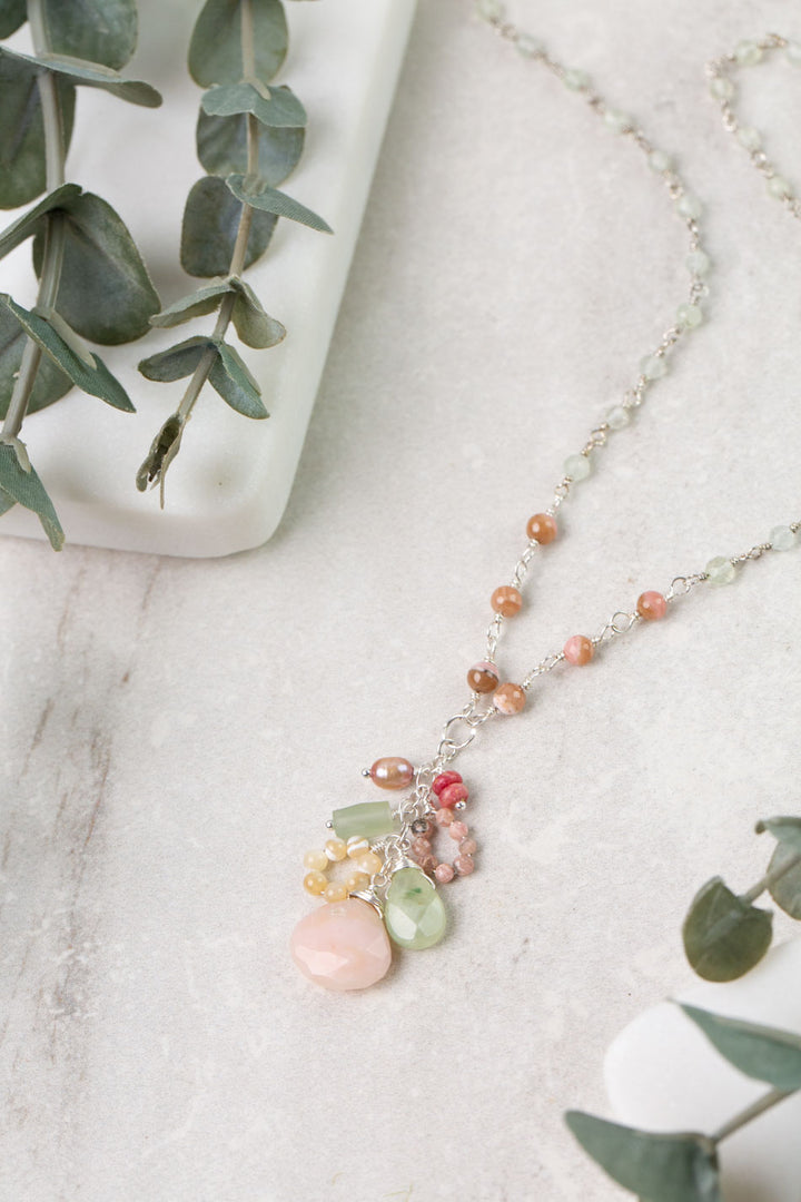 Calming Fleurs 17.5-19.5" Rhodochrosite, Pink Opal, Prehnite Cluster Necklace