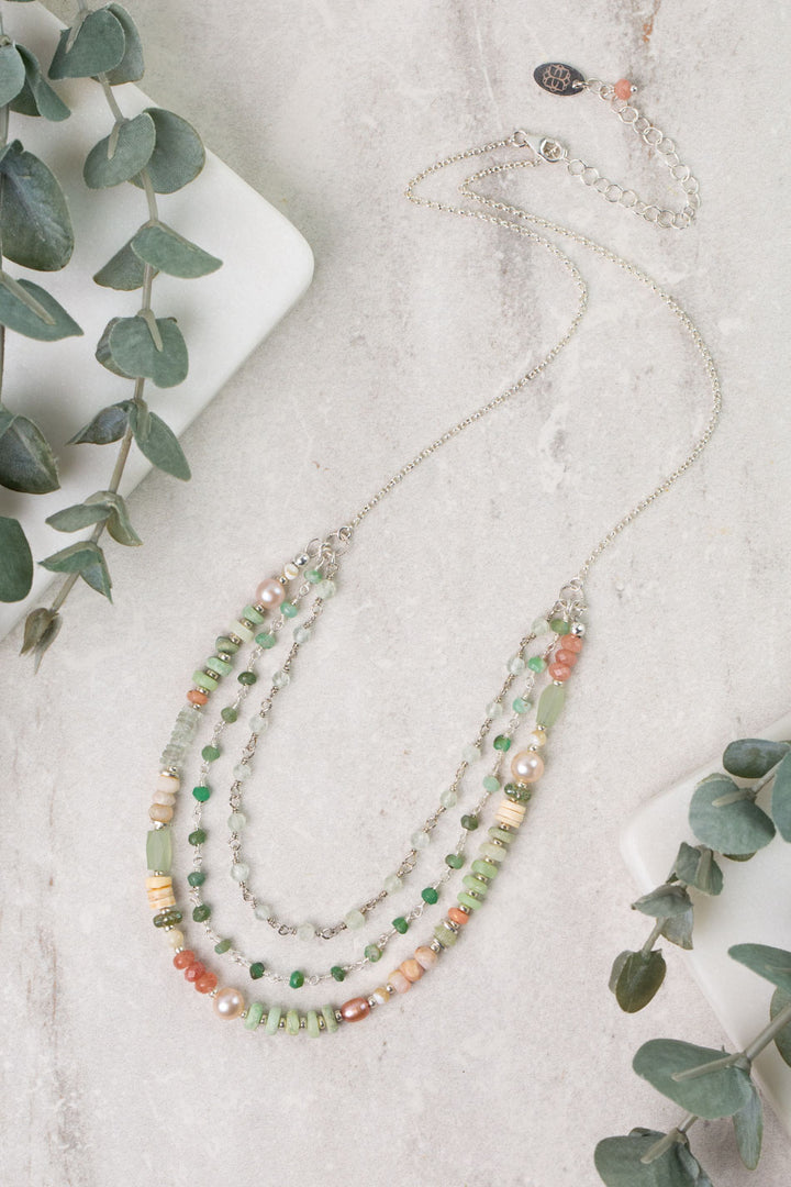 Calming Fleurs 18-20" Pink Opal, Chrysoprase, Freshwater Pearl Multistrand Necklace