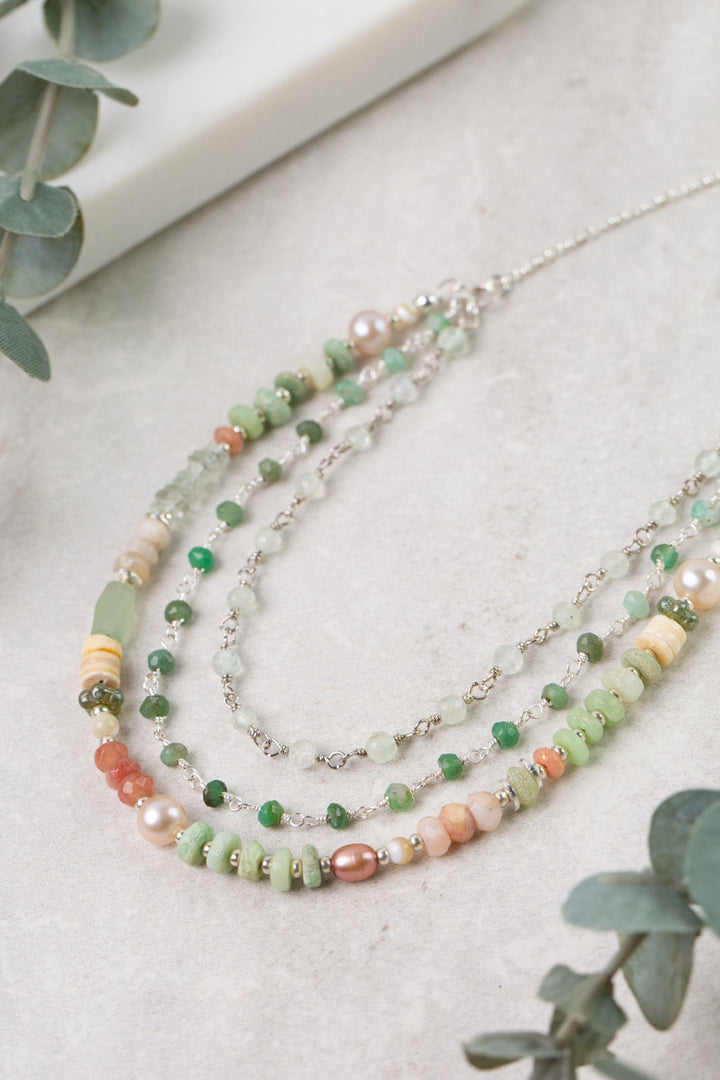 Calming Fleurs 18-20" Pink Opal, Chrysoprase, Freshwater Pearl Multistrand Necklace