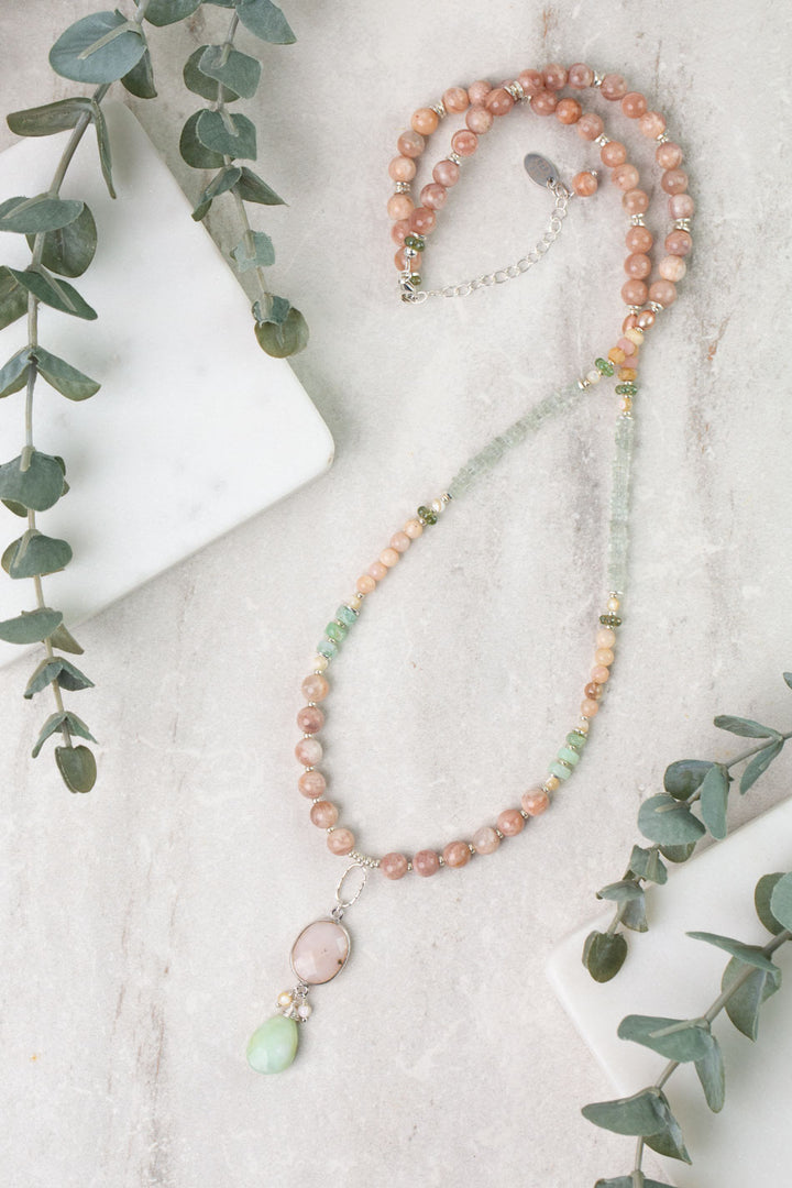 Calming Fleurs 24-26" Peach Moonstone, Chrysoprase, Green Amethyst with Pink Opal Statement Necklace