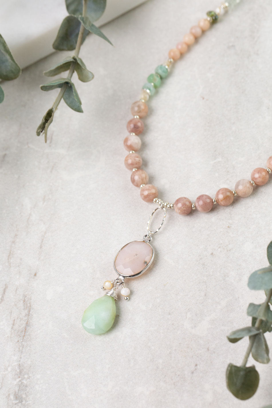 Calming Fleurs 24-26" Peach Moonstone, Chrysoprase, Green Amethyst with Pink Opal Statement Necklace