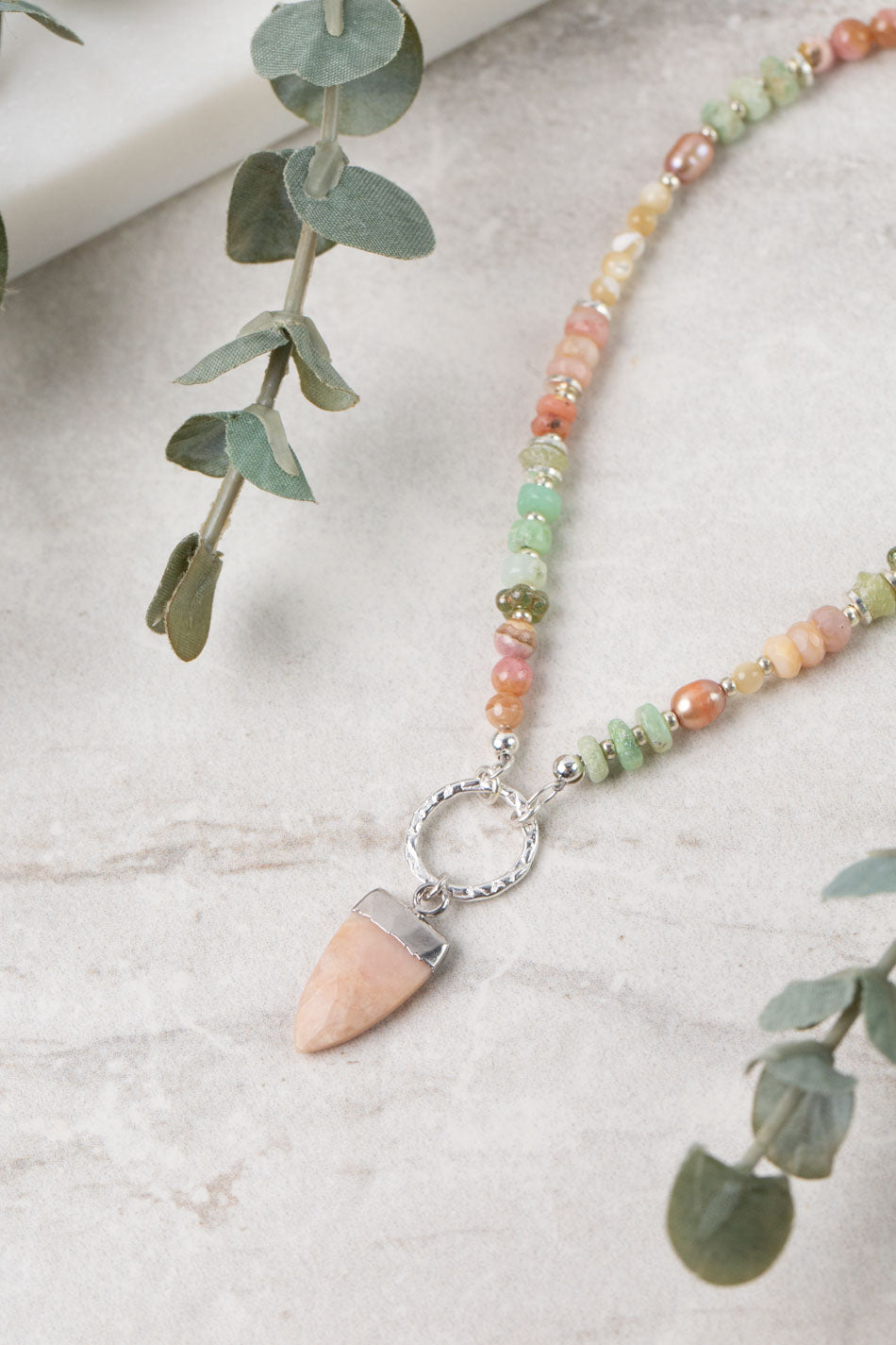 Calming Fleurs 17.5-19.5" Rhodochrosite, Pink Opal, Freshwater Pearl Collage Necklace