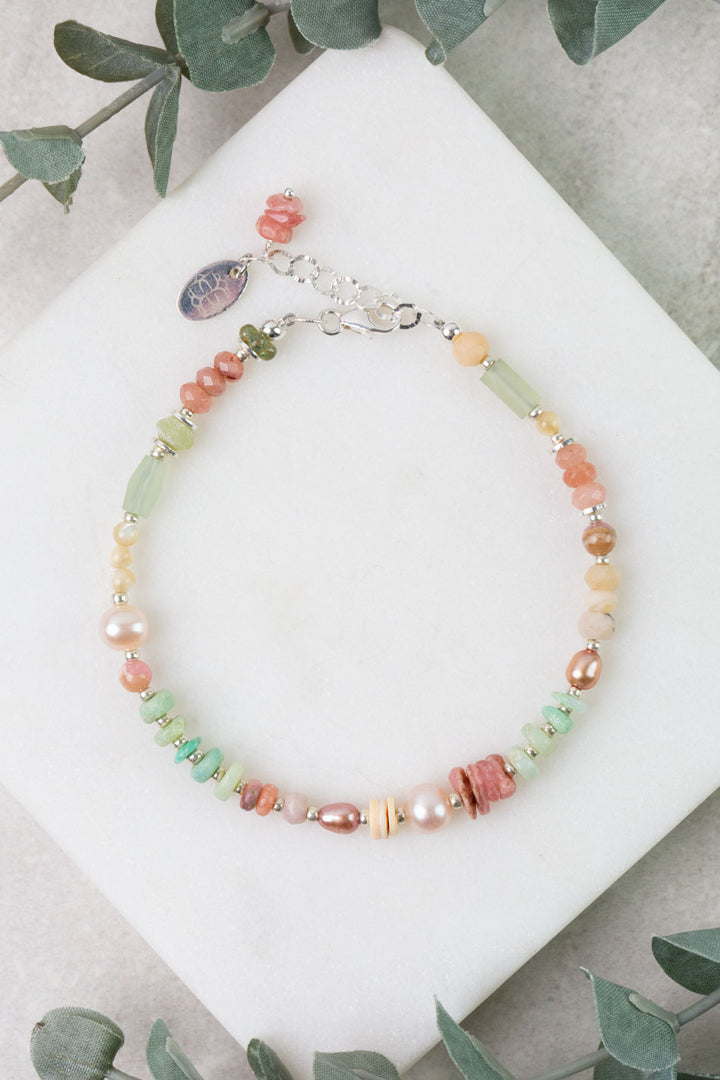 Calming Fleurs 7.5-8.5" Chrysoprase, Rhodochrosite, Pink Opal Collage Bracelet