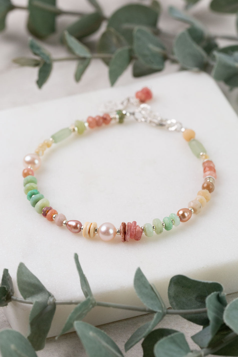 Calming Fleurs 7.5-8.5" Chrysoprase, Rhodochrosite, Pink Opal Collage Bracelet