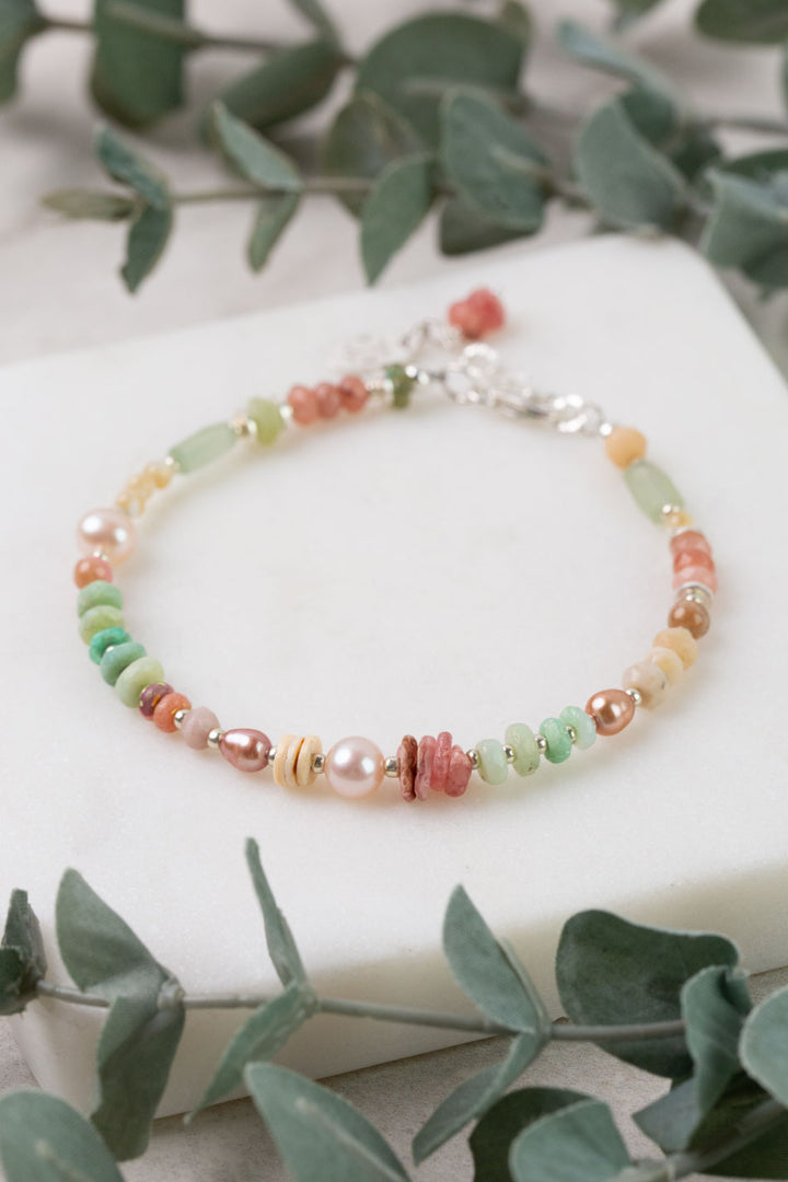 Calming Fleurs 7.5-8.5" Chrysoprase, Rhodochrosite, Pink Opal Collage Bracelet