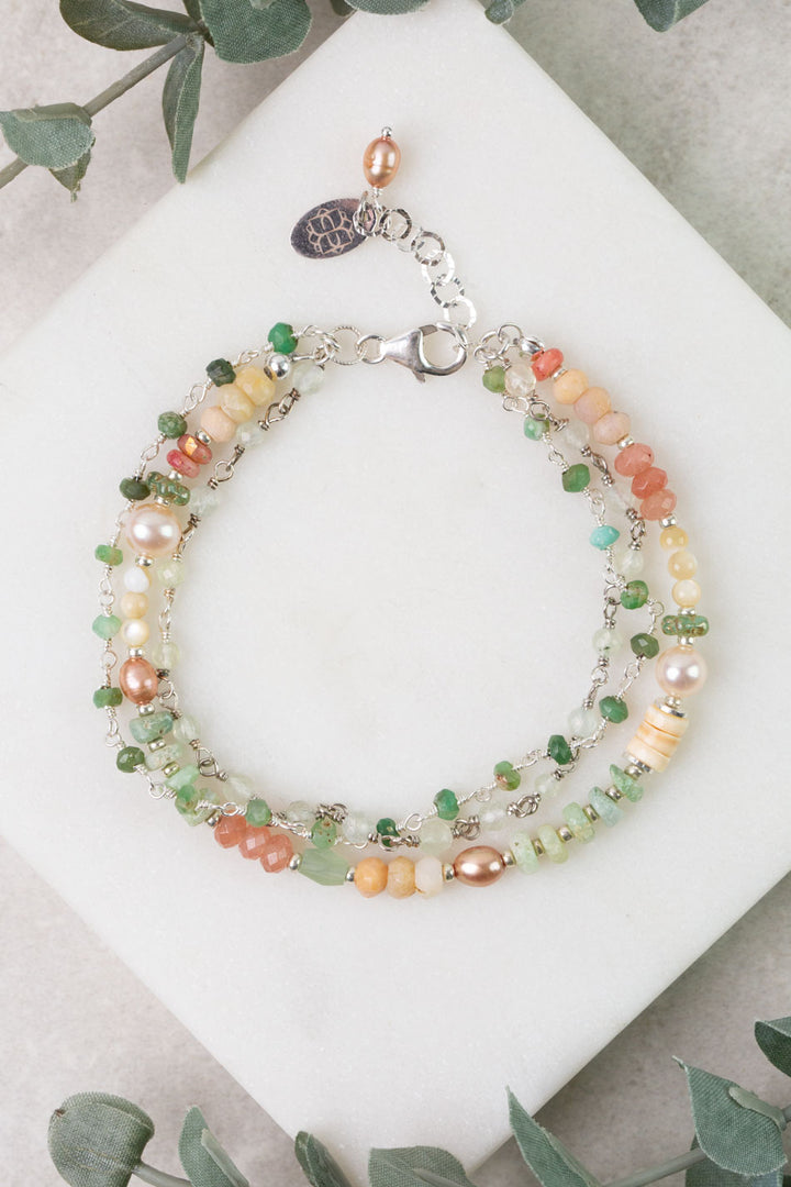 Calming Fleurs 7.5-8.5" Pink Opal, Chrysoprase, Freshwater Pearl Multistrand Bracelet