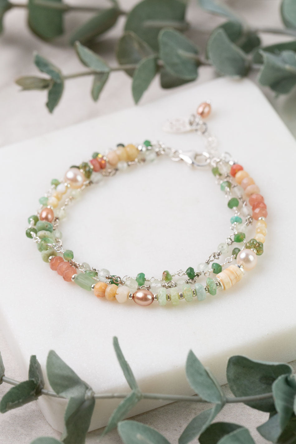 Calming Fleurs 7.5-8.5" Pink Opal, Chrysoprase, Freshwater Pearl Multistrand Bracelet