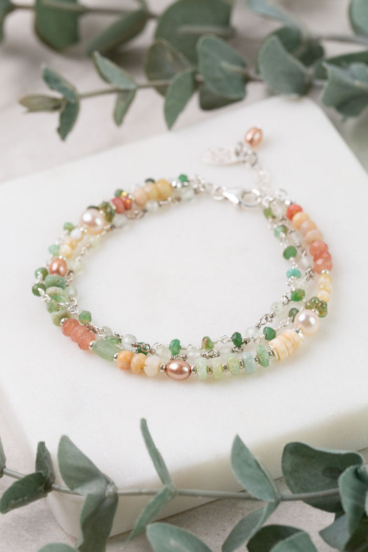 Calming Fleurs 7.5-8.5" Pink Opal, Chrysoprase, Freshwater Pearl Multistrand Bracelet