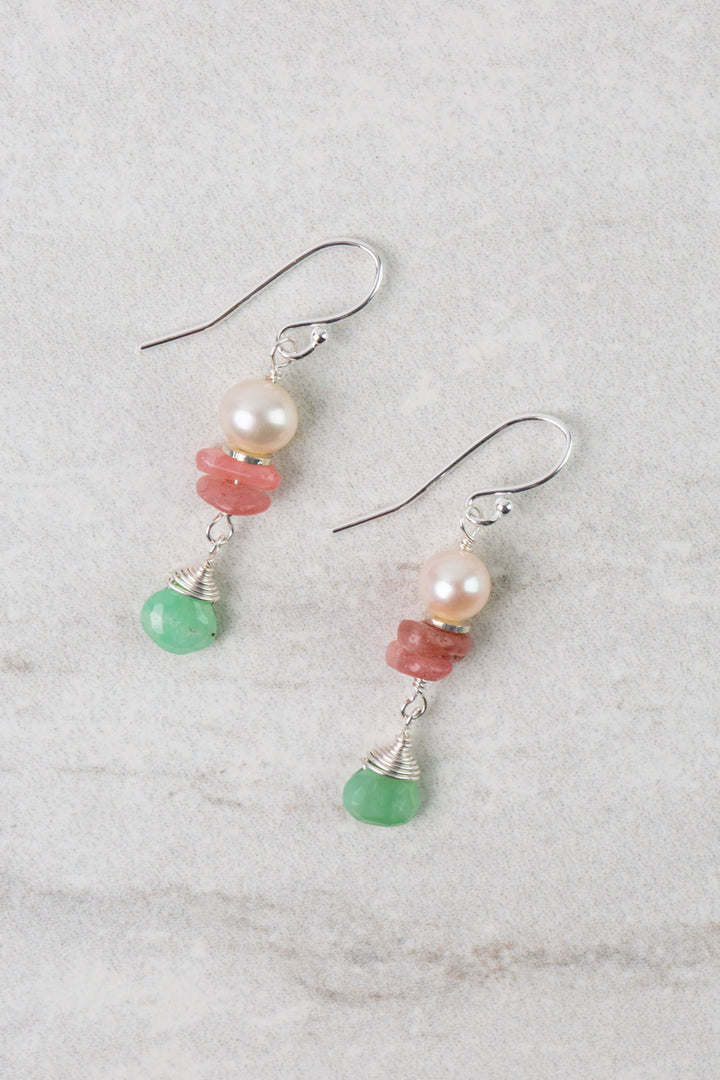 Calming Fleurs Rhodochrosite, Freshwater Pearl, Chrysoprase Dangle Earrings