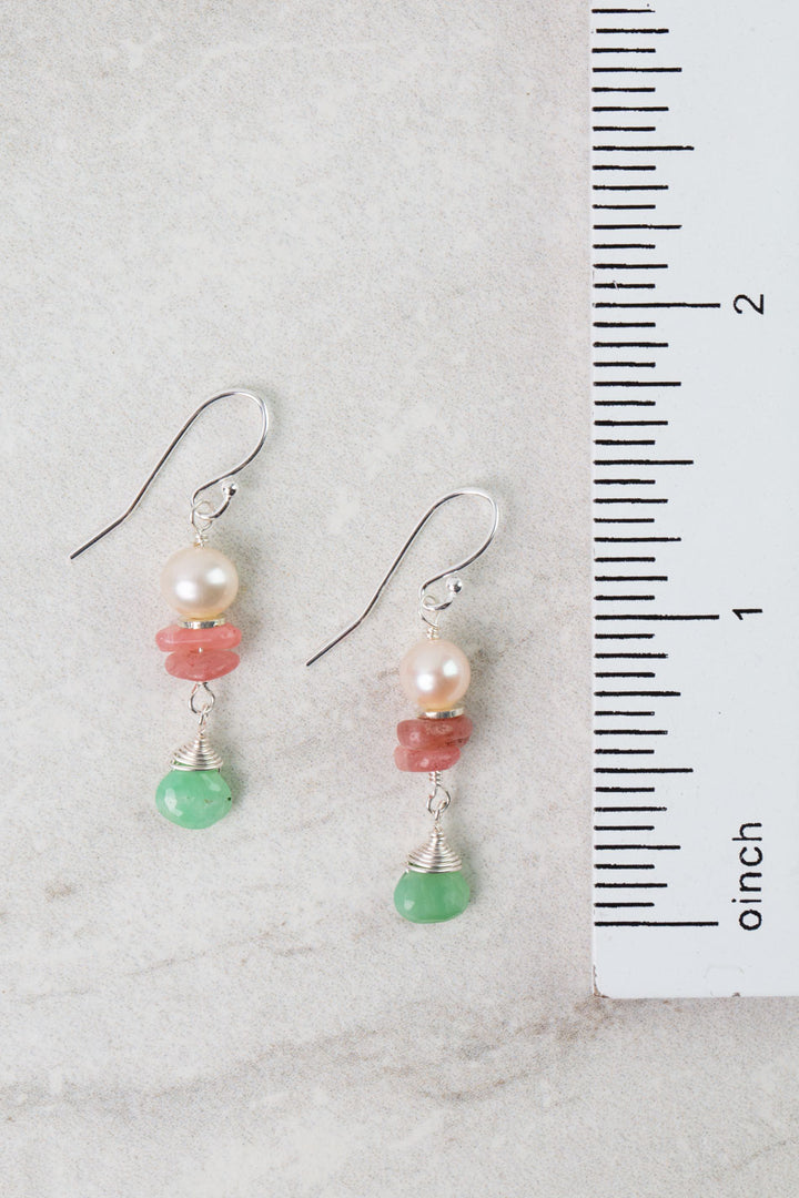Calming Fleurs Rhodochrosite, Freshwater Pearl, Chrysoprase Dangle Earrings