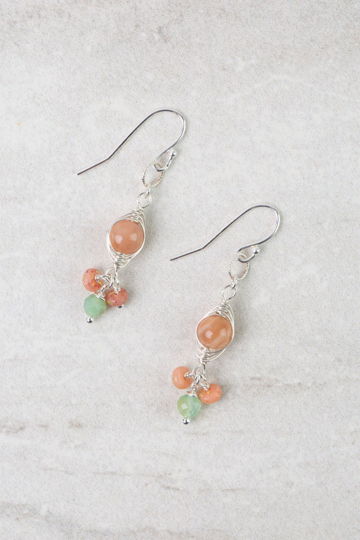 Calming Fleurs Chrysoprase, Pink Moonstone Herringbone Earrings
