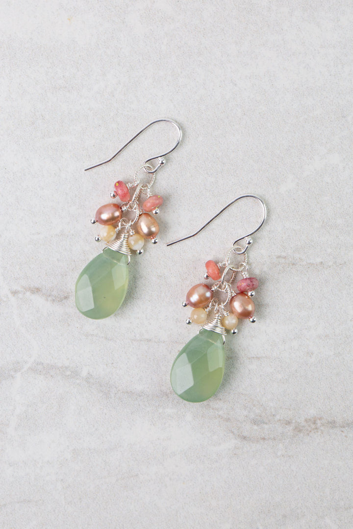 Calming Fleurs Shell, Freshwater Pearl with Prehnite Cluster Earrings