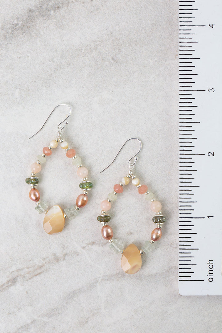 Calming Fleurs Freshwater Pearl, Shell, Green Amethyst Hoop Earrings