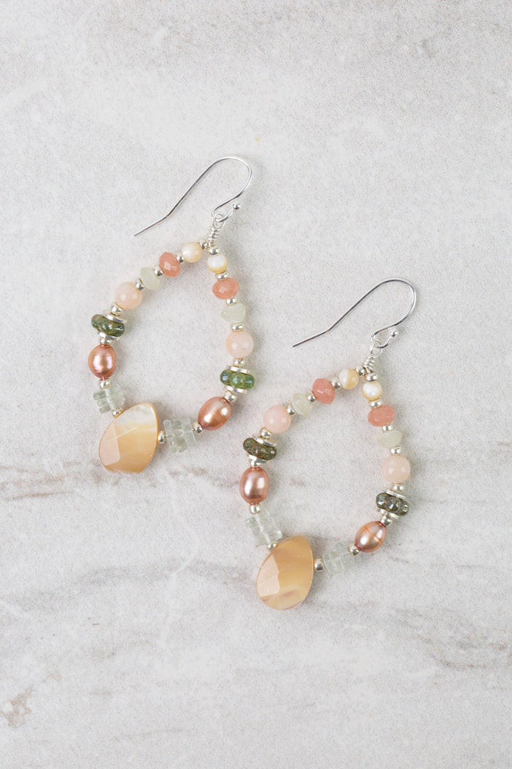 Calming Fleurs Freshwater Pearl, Shell, Green Amethyst Hoop Earrings