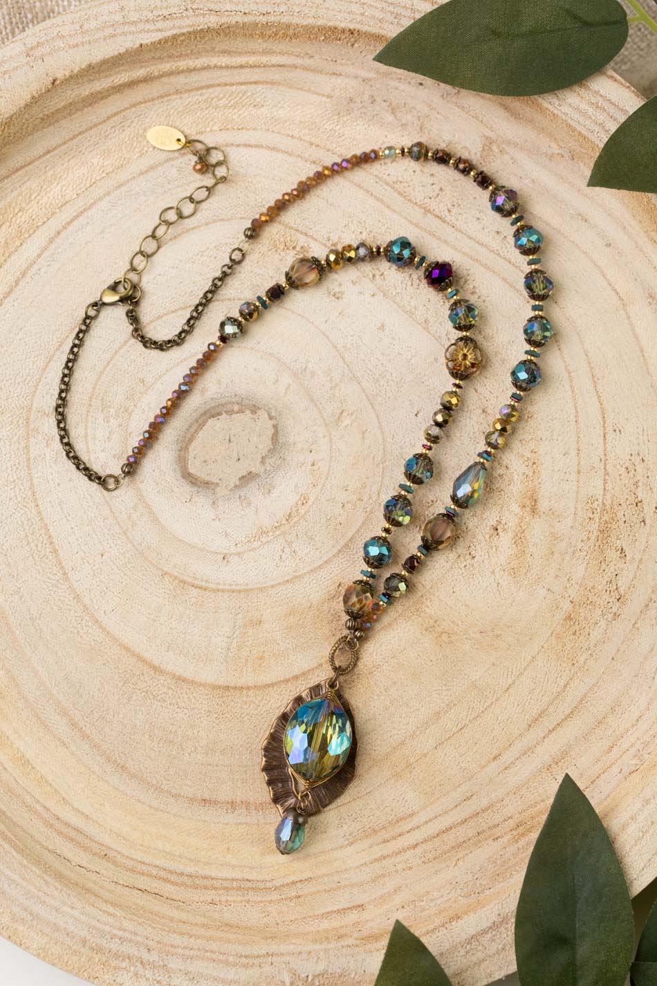 Crisp Autumn 21.5-23.5" Czech Glass Flower With Antique Brass Leaf And Faceted Crystal Collage Necklace